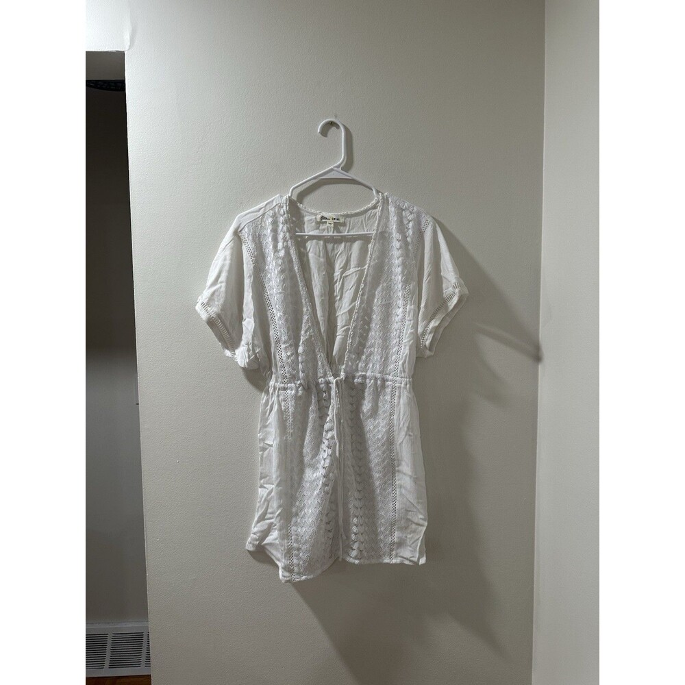 Miken Swim Women's White Lace Crochet Tie Front Beach Cover-Up Kimono Top- Large